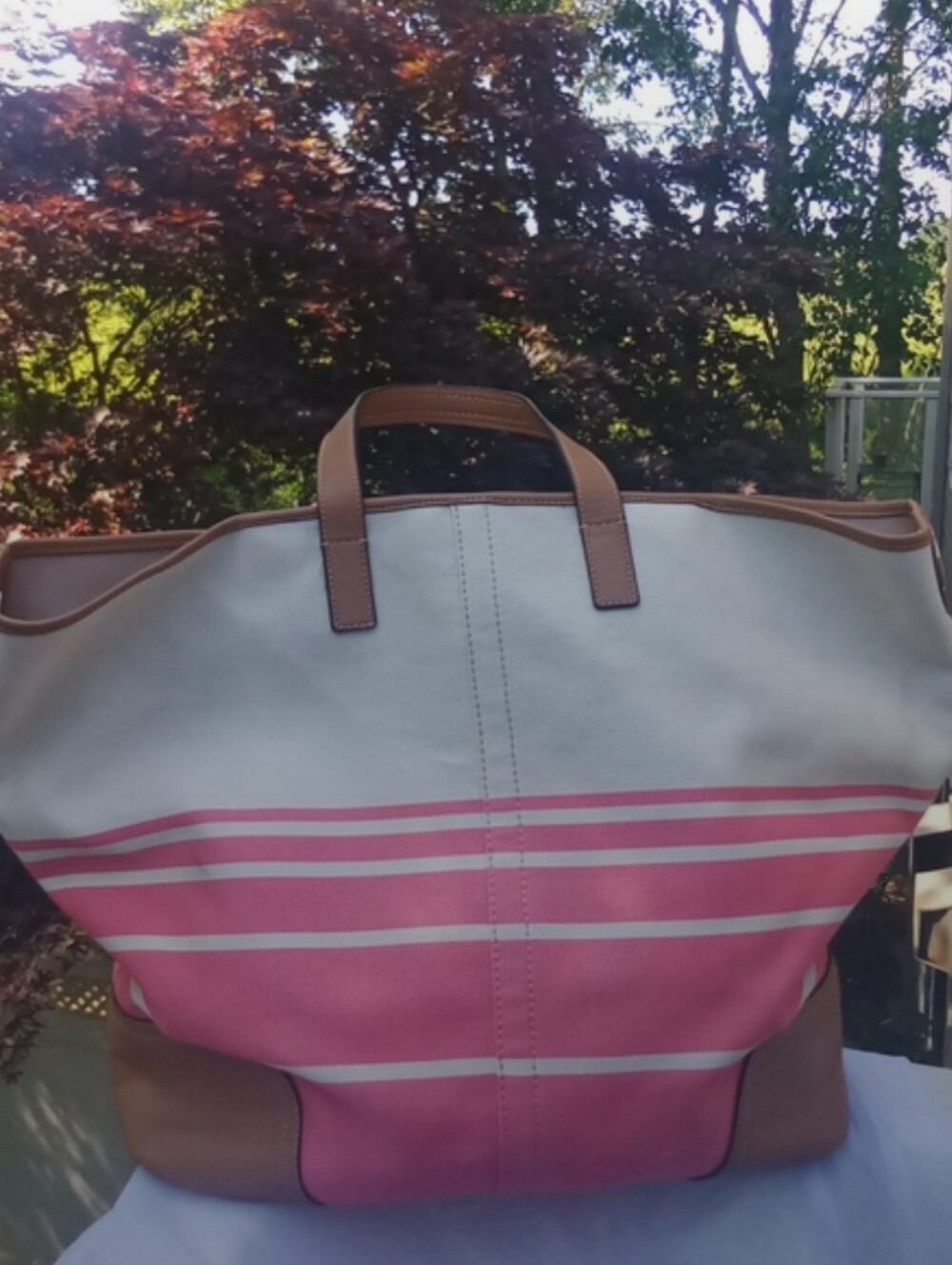 Canvas Stripe Tote Bag in Pink and Cream